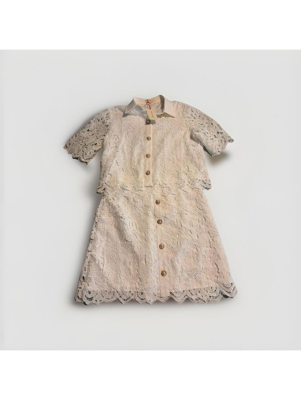 Solitaire White Lace Skirt & Shirt Short Pearl Button Front Small Knee Length M